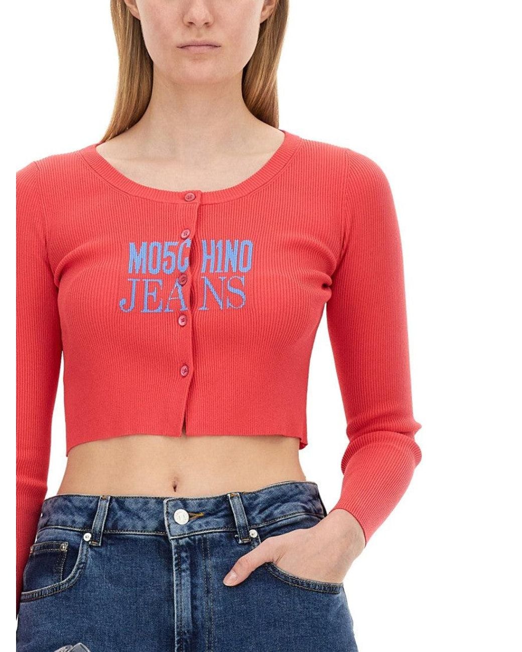 Moschino Red Logo Round Neck Cardigan