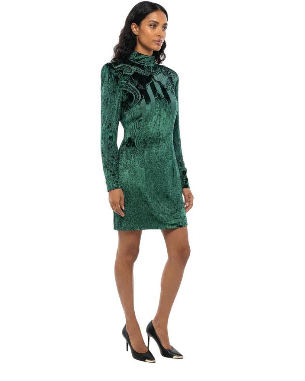 Balmain Green Abstract Mock Collar Dress