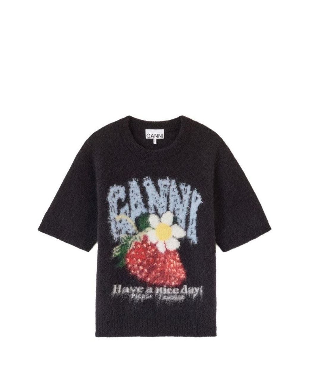 Ganni Black Graphic Crew Neck T-Shirt