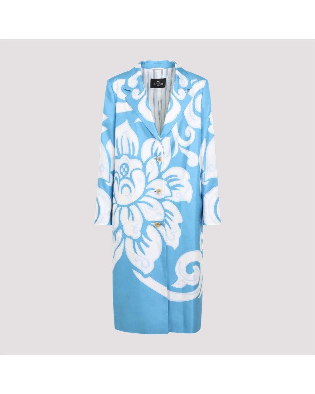 Etro Blue Light Graphic-Print Silk Coat
