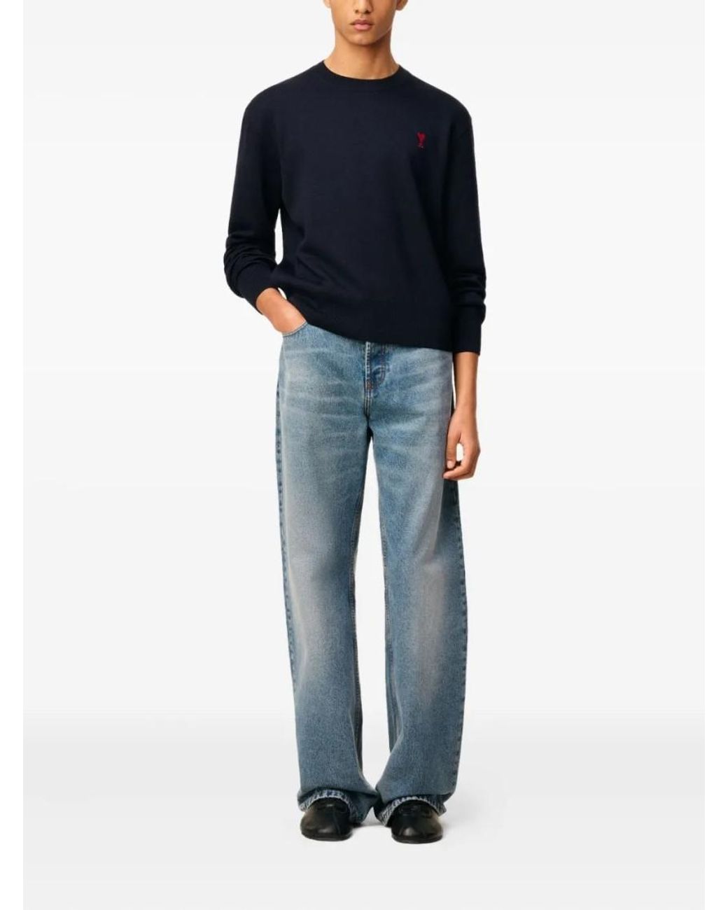 AMI Blue Crew Neck Logo Sweater for men