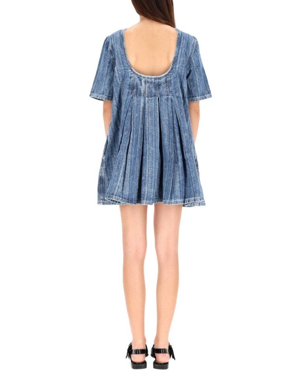 Ganni Blue Textured Round Neck Mini Dress