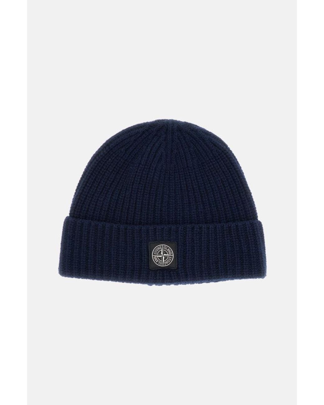 Stone Island Blue Dark Logo Patch Beanie Cap for men