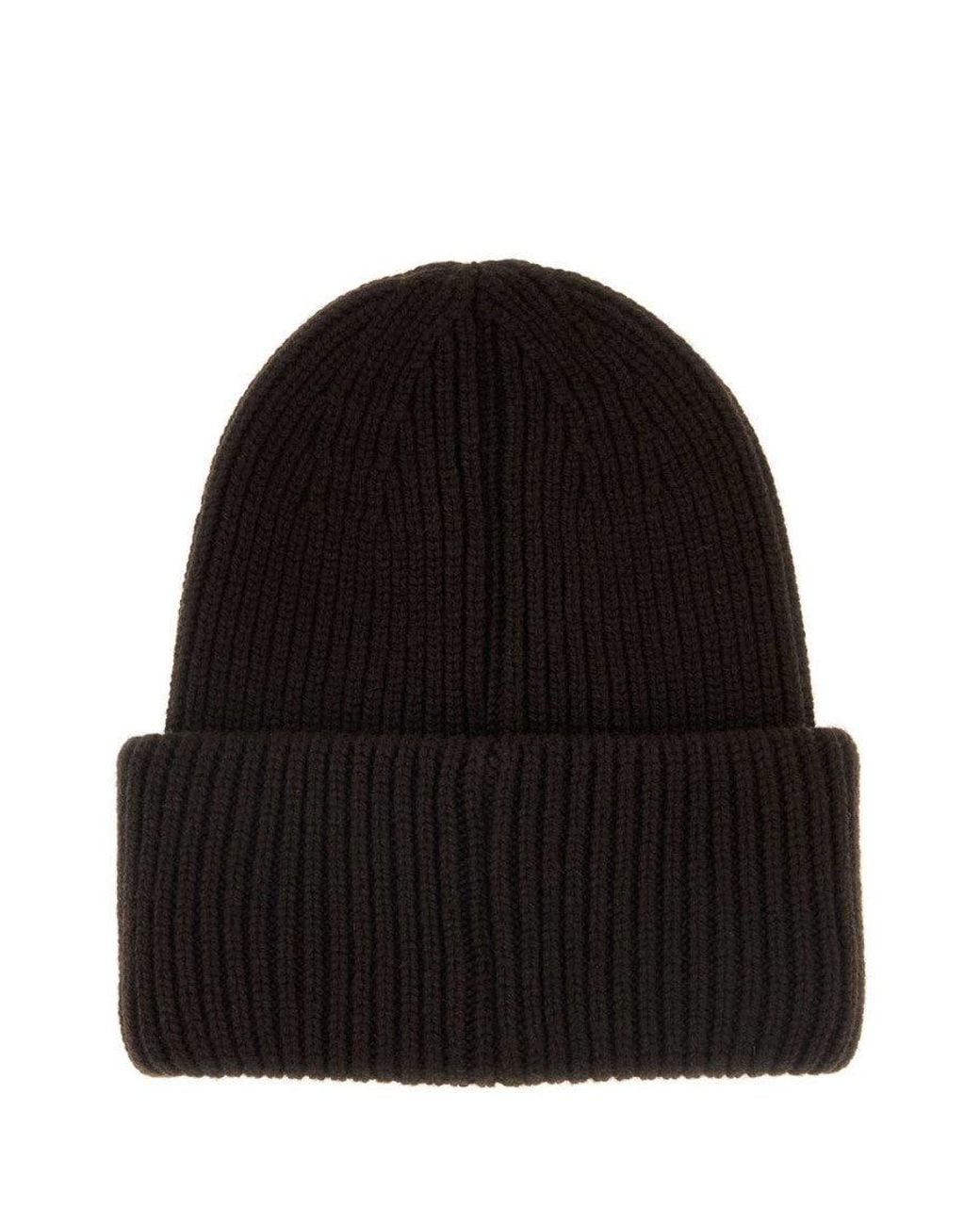 Moncler Black Dark Ribbed Beanie Hat for men