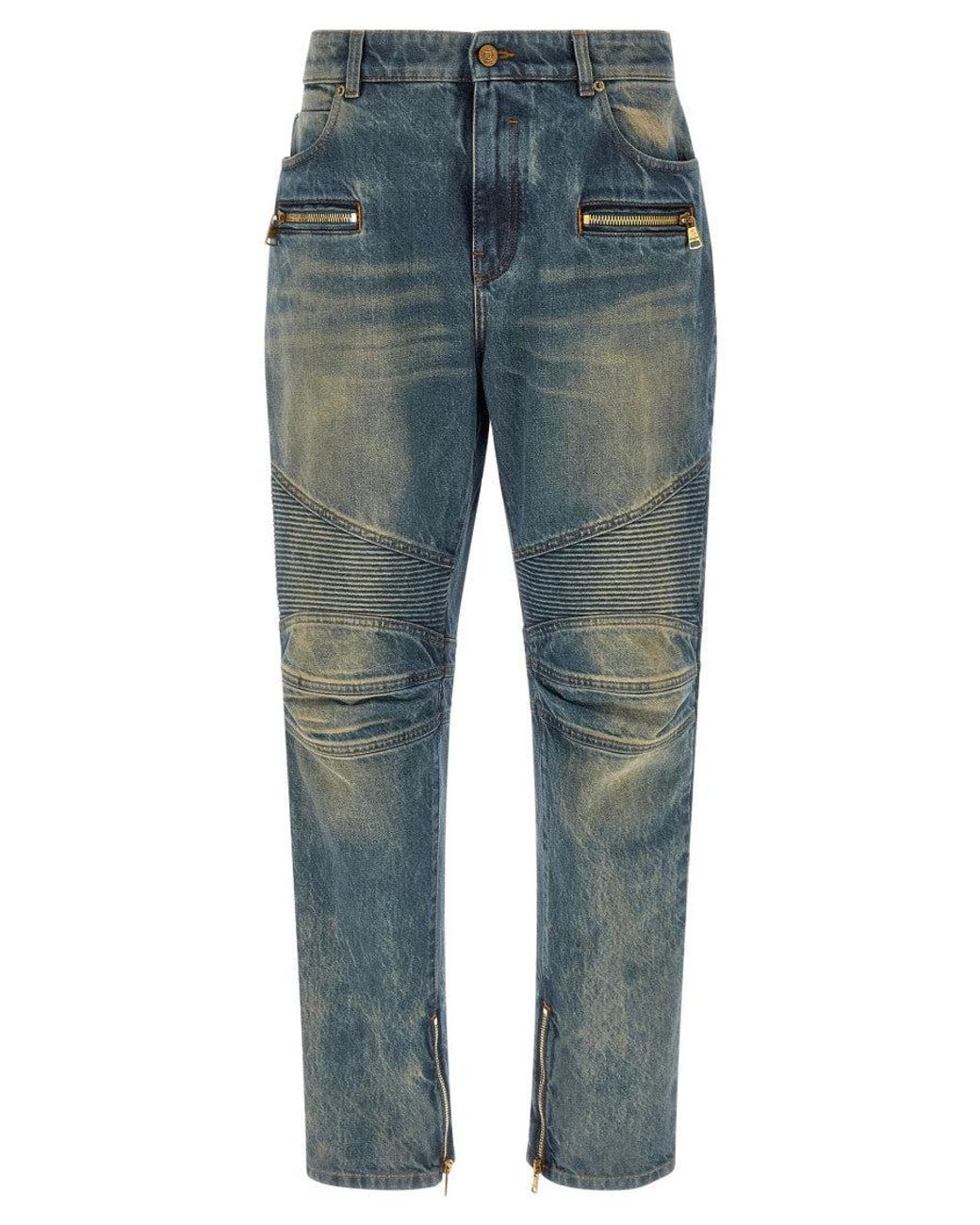 Balmain Blue Knee-Ribbed Biker Denim Jeans for men