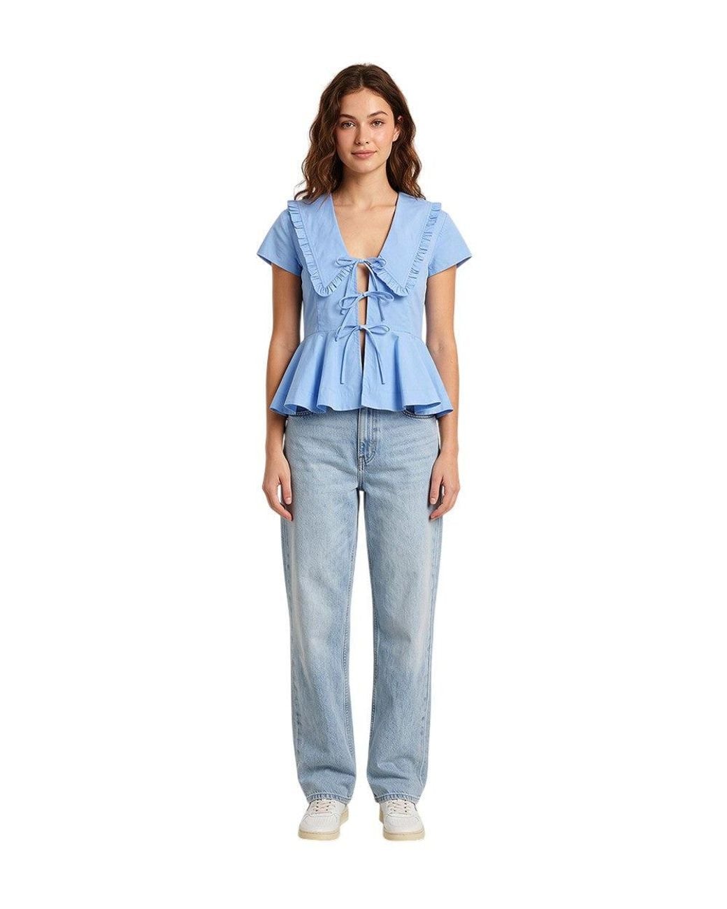 Ganni Blue Solid V Neck Top