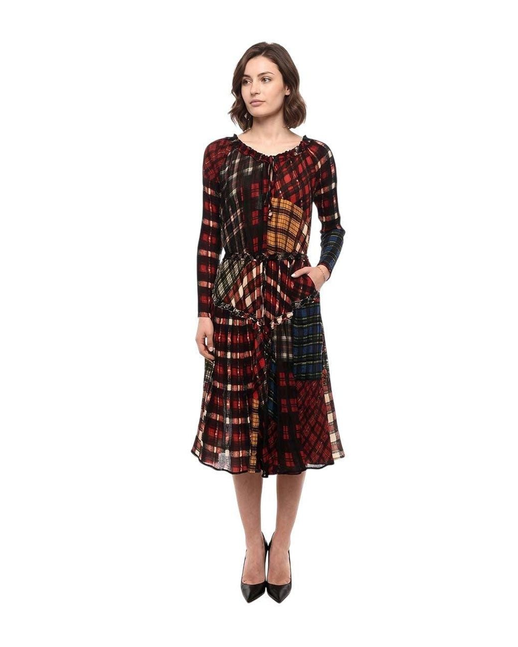 DSquared² Red Plaid Round Neck Midi Dress