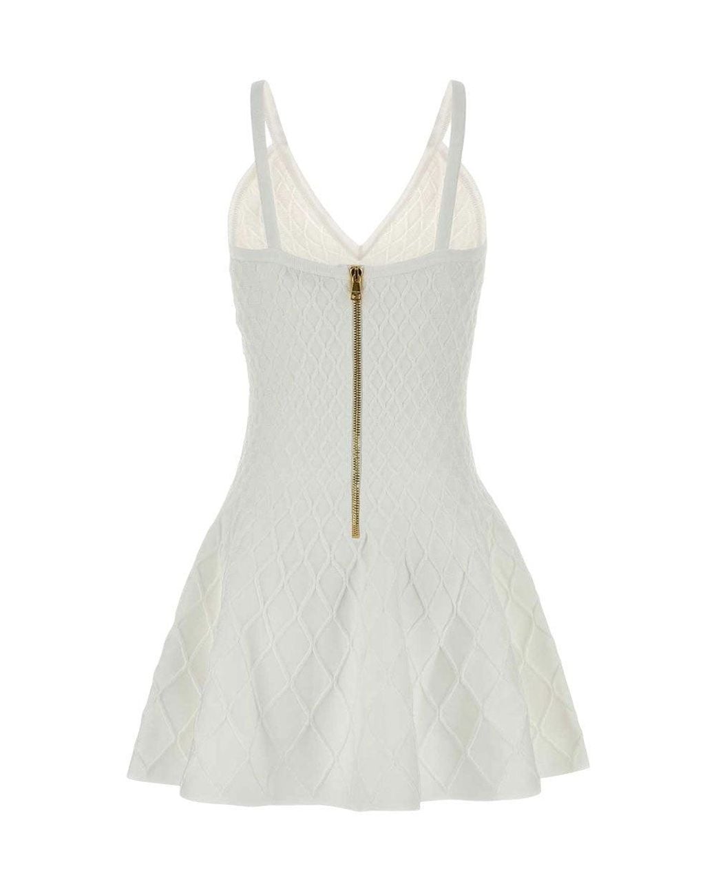 Balmain White Textured V Neck Mini Dress