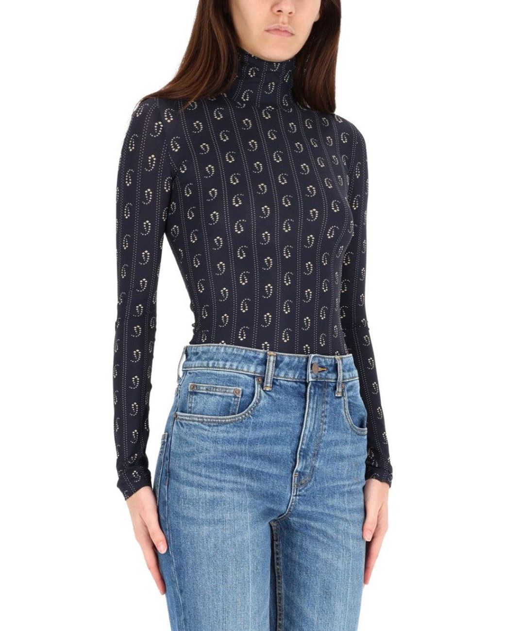 Tory Burch Blue Printed Mock Collar Sweater