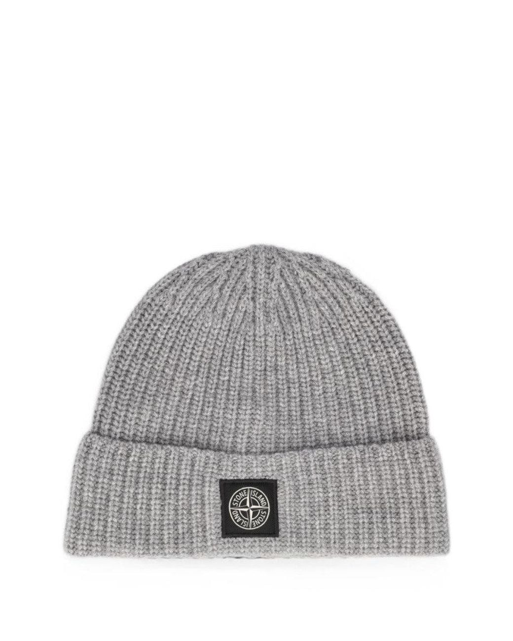 Stone Island Gray Knitted Beanie Cap for men