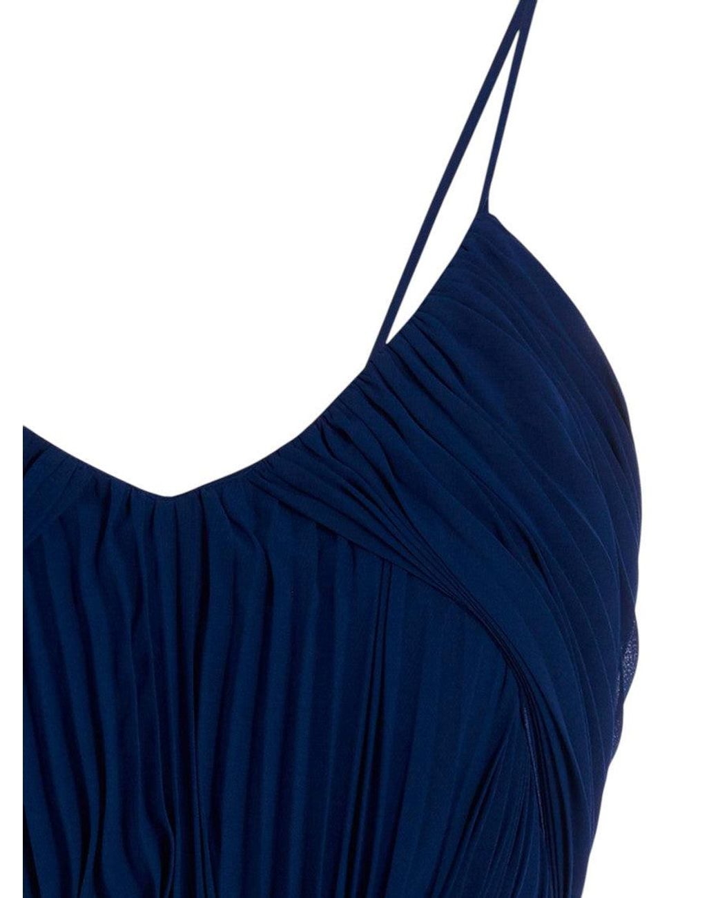 Max Mara Blue Pleated V Neck Midi Dress