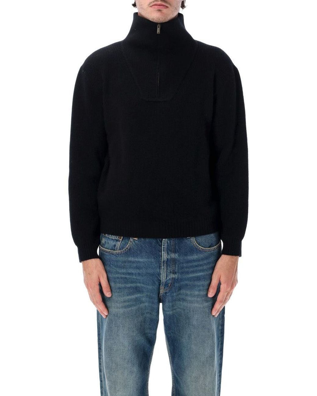 Saint Laurent Black Knitted Half Zip Sweater for men