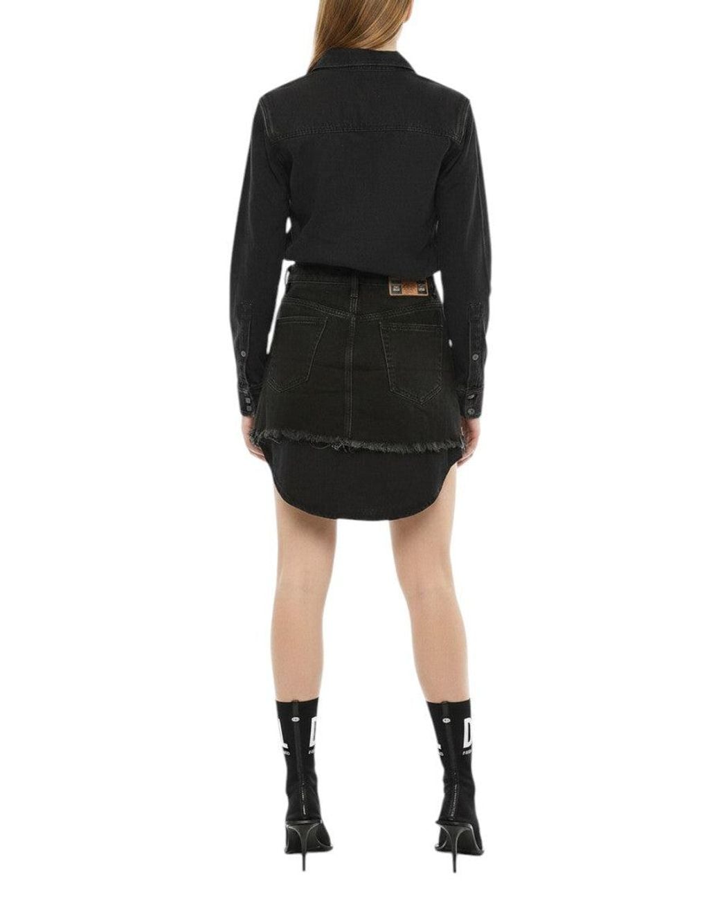 DIESEL Black Solid Shirt Collar Mini Dress
