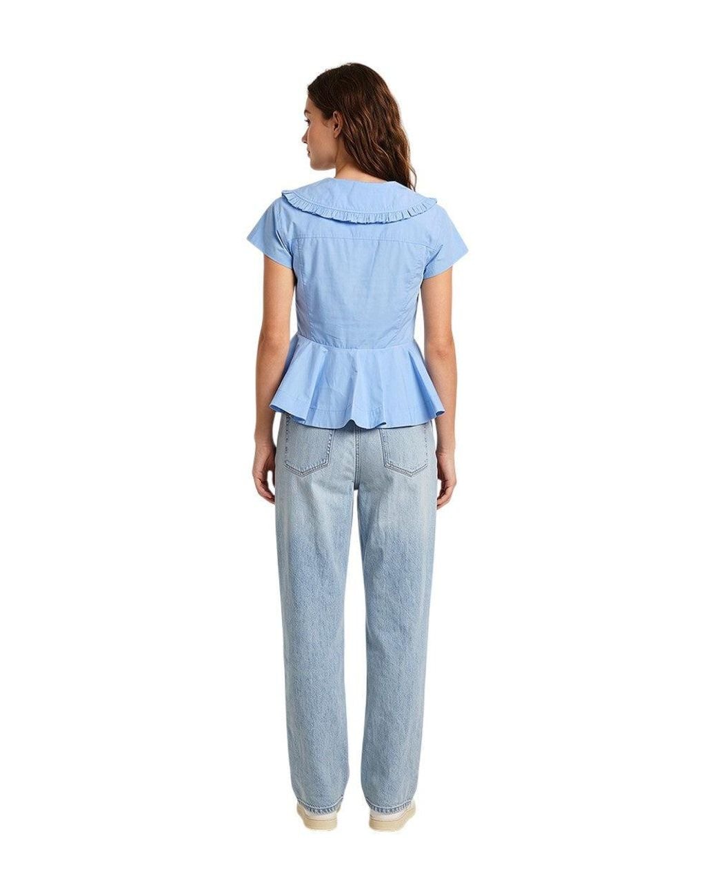 Ganni Blue Solid V Neck Top