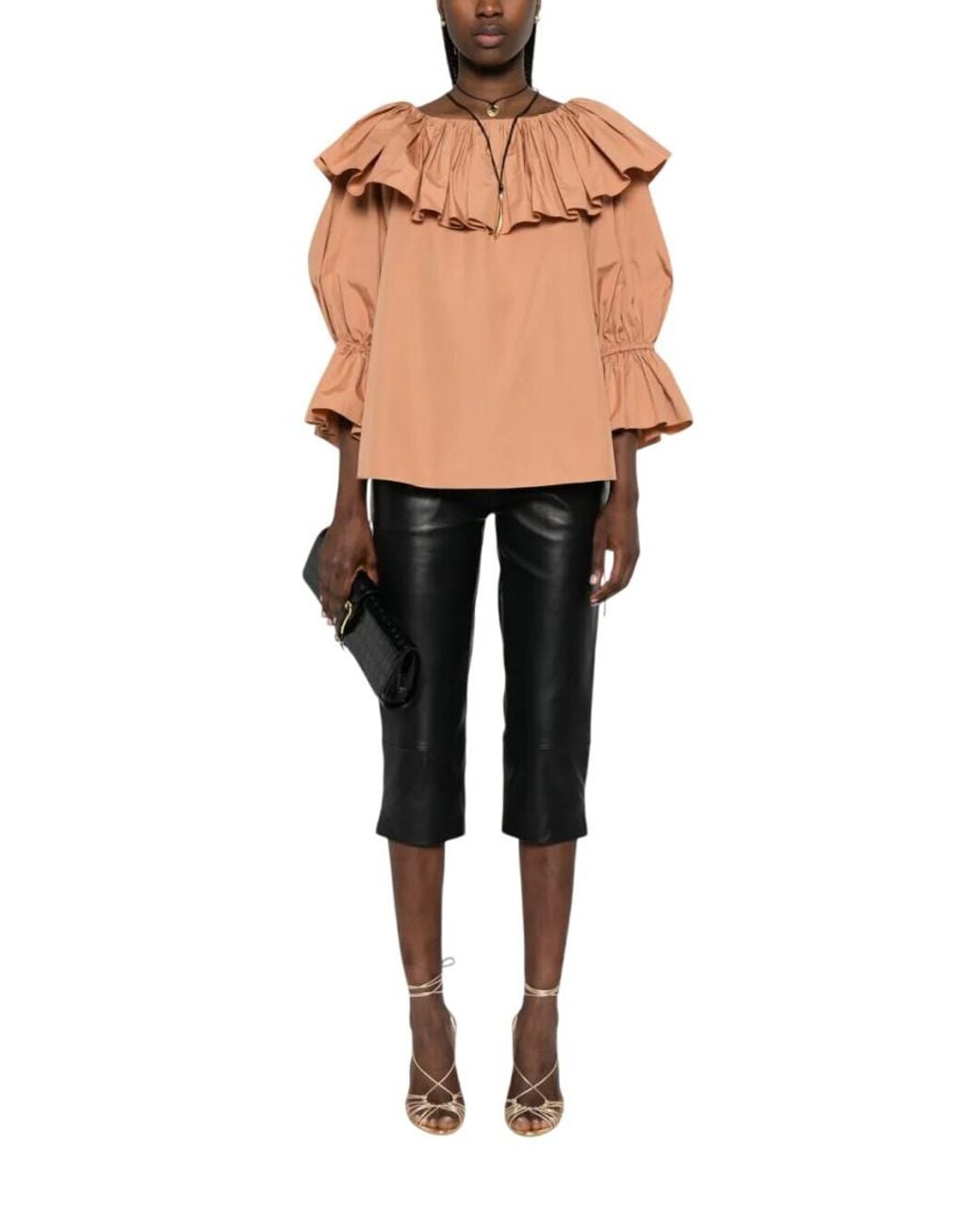 Chloé Brown Round Neck Ruffled Top