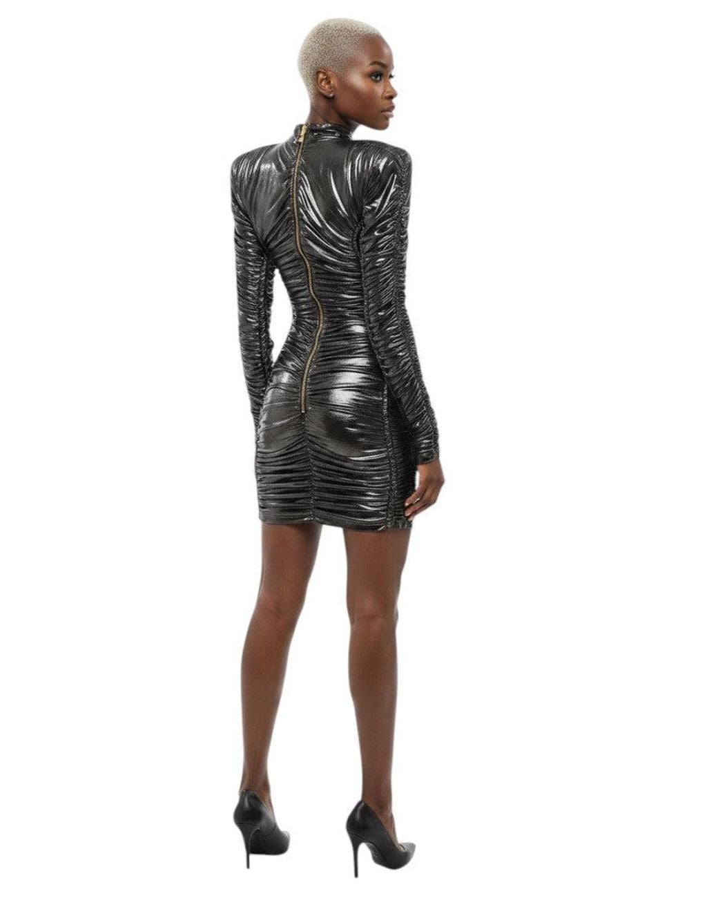 Balmain Black Textured Mock Collar Mini Dress