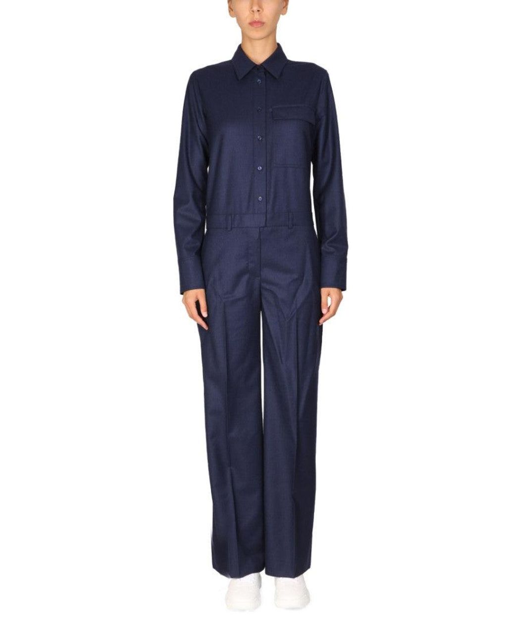 Stella McCartney Blue Solid Shirt Collar Jumpsuit