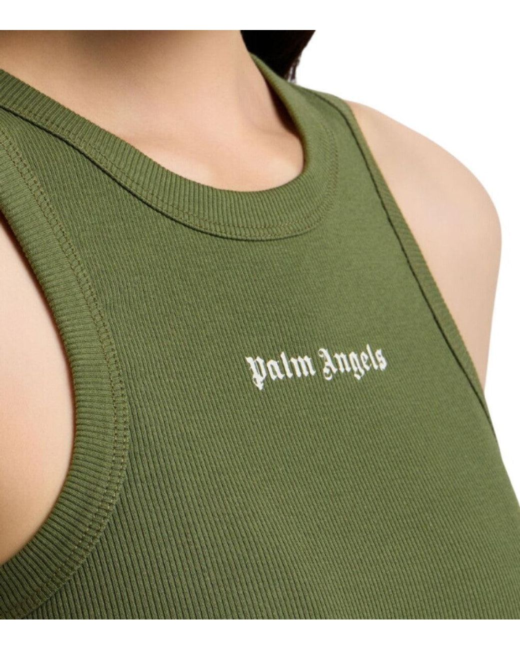 Palm Angels Green Logo Round Neck Tank Top