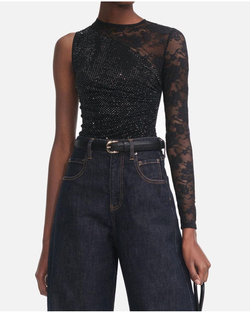 Self-Portrait Black Rhinestone Lace Sleeve Top
