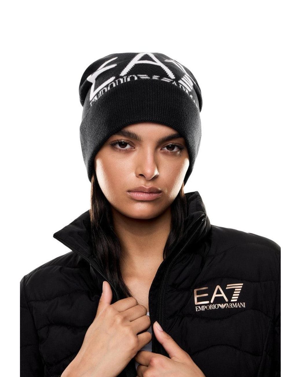 EA7 Black Logo Beanie Cap for men