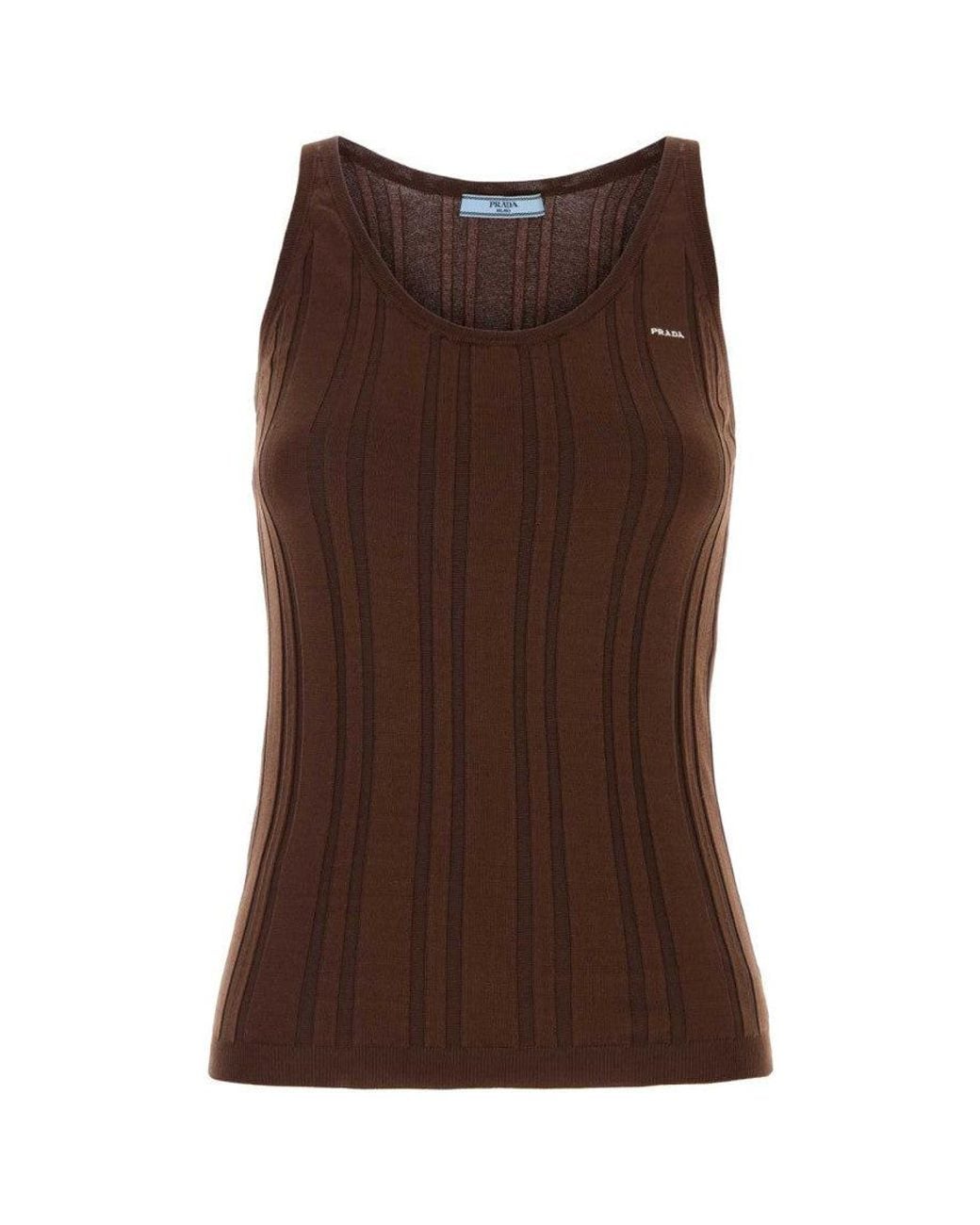 Prada Brown Prada Ribbed Cotton-Nylon Knit Tank Top