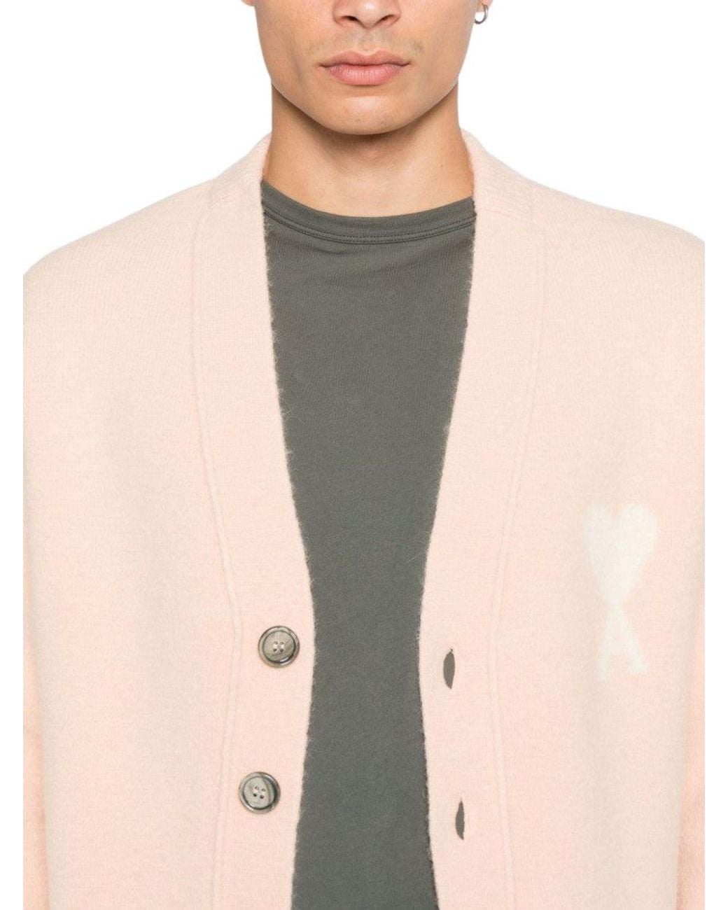 AMI Pink Knitted Logo Cardigan for men