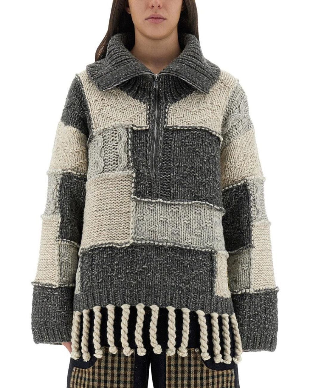 Ganni Gray Patchwork Shirt Collar Sweater