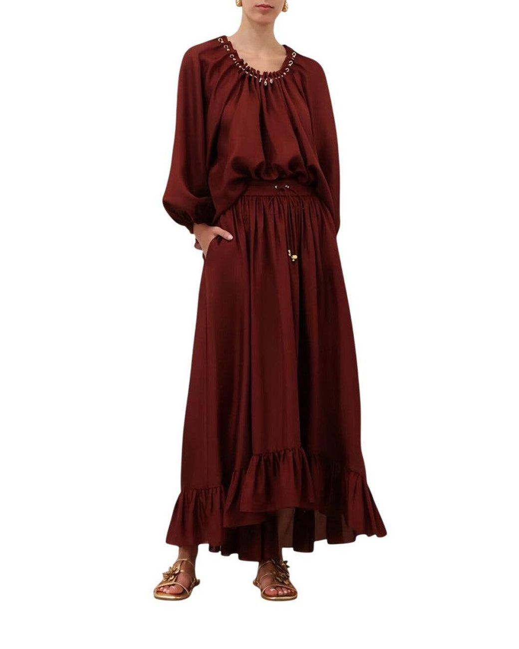 Zimmermann Red Aster Silk Maxi Skirt