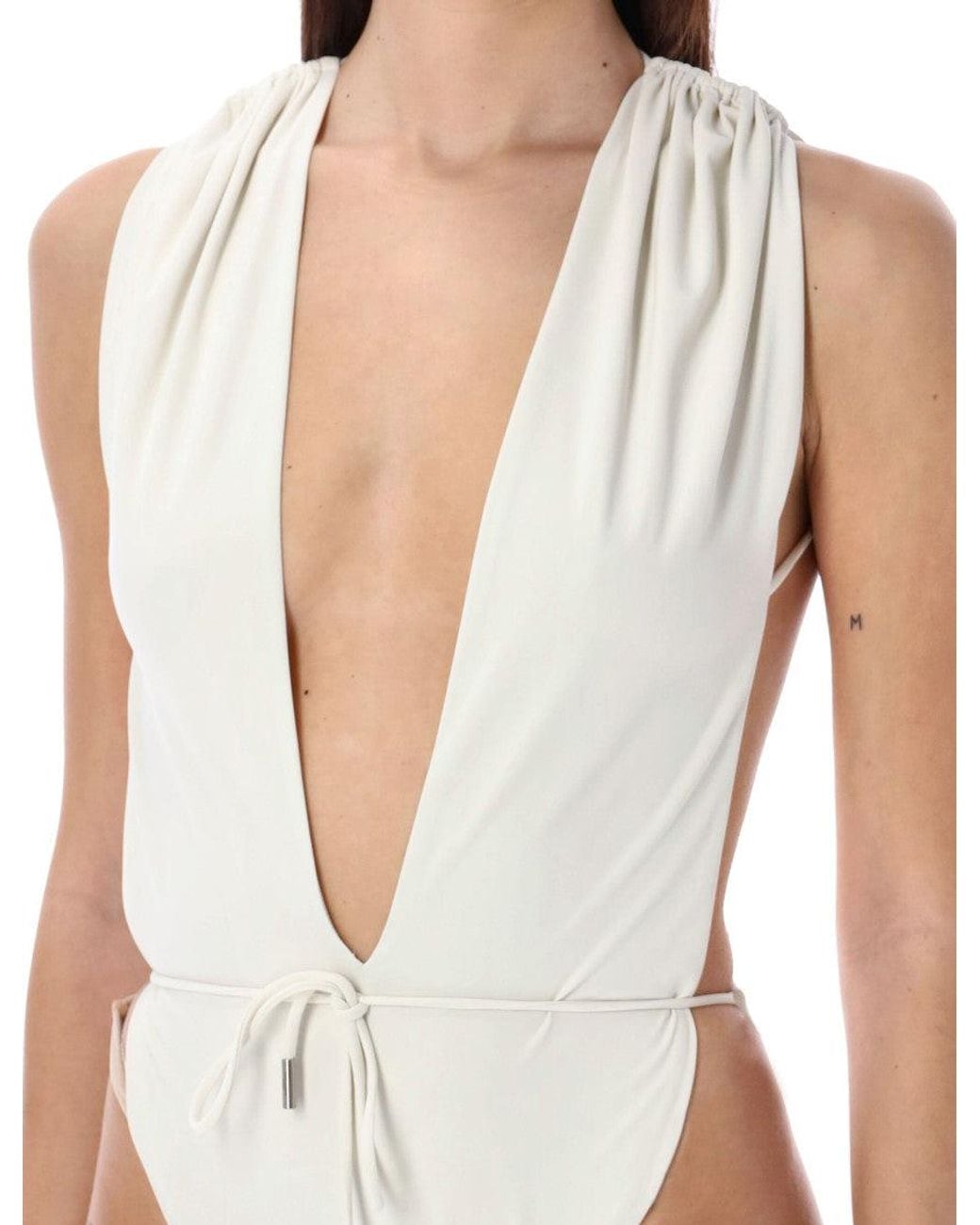 Saint Laurent White Backless V-Halter Swimsuit