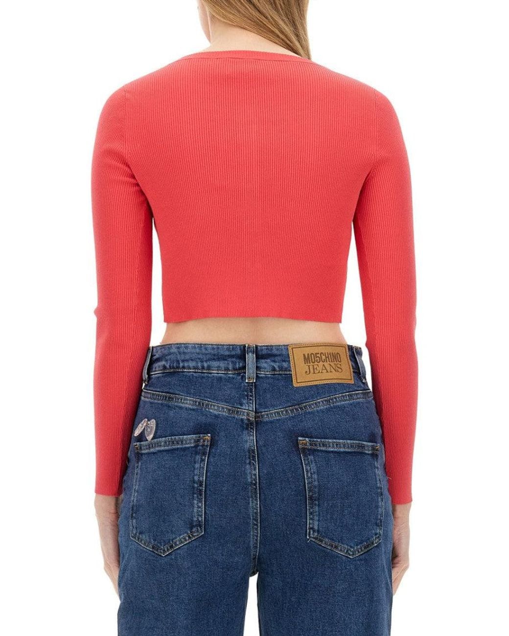 Moschino Red Logo Round Neck Cardigan