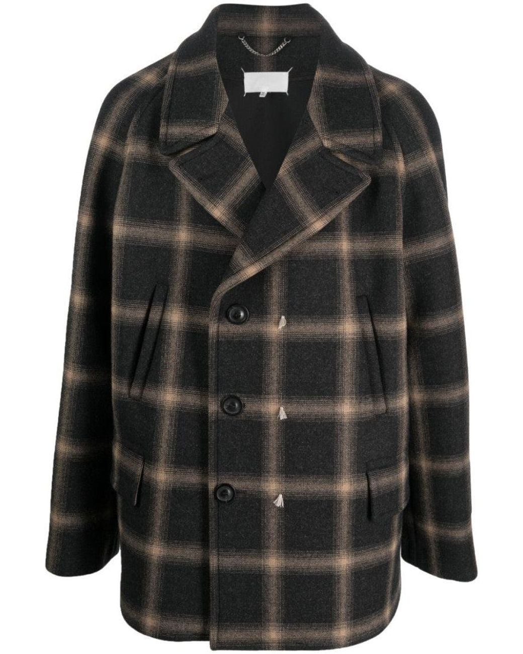 Maison Margiela Black Check-Pattern Wool Coat