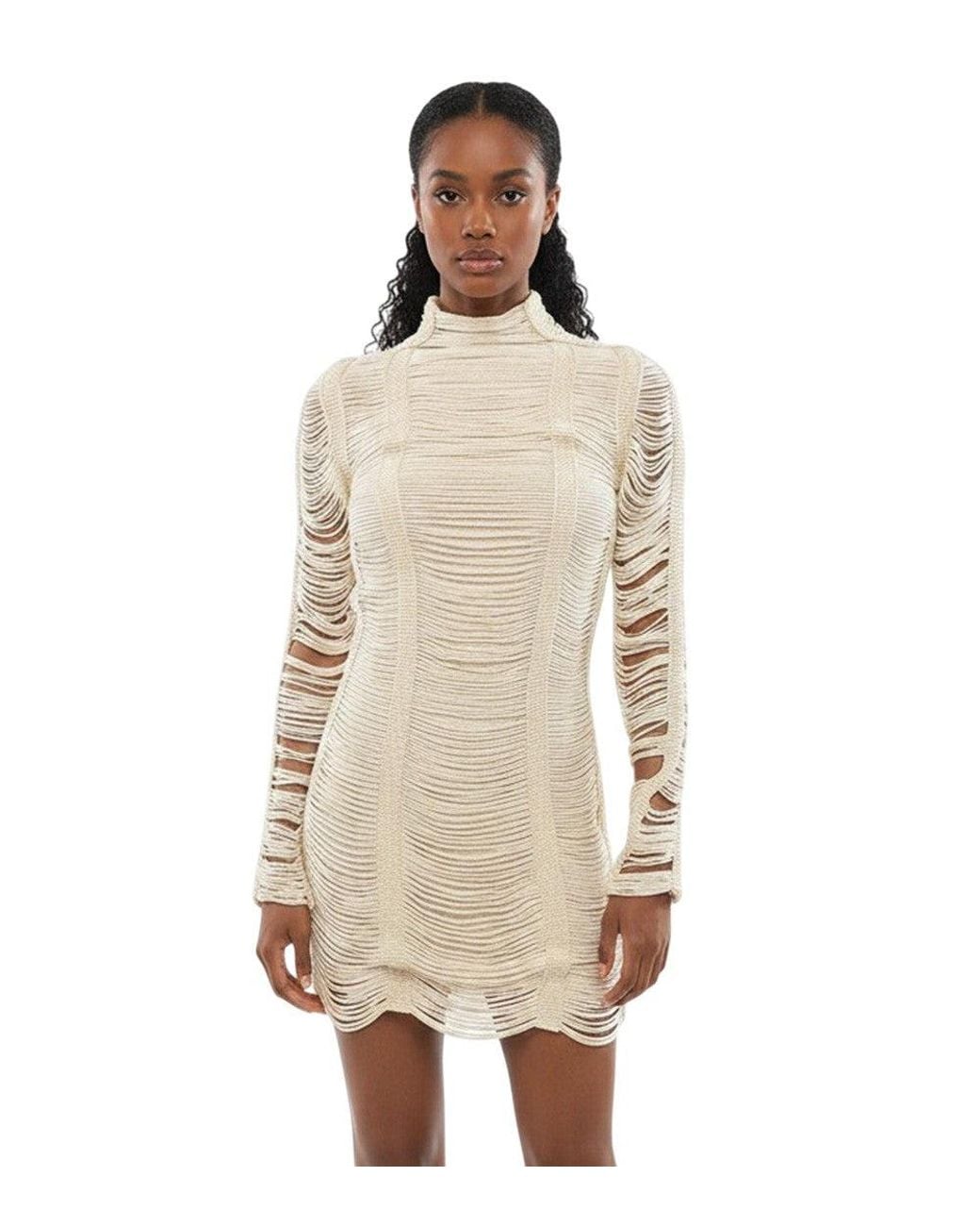 Balmain Natural Textured Mock Collar Mini Dress