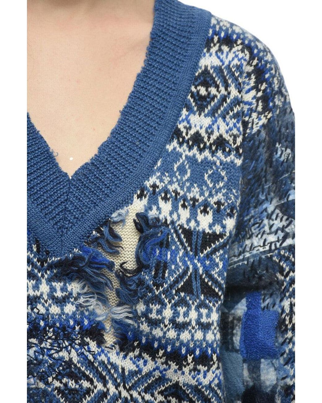 Maison Margiela Blue Jacquard V Neck Sweater