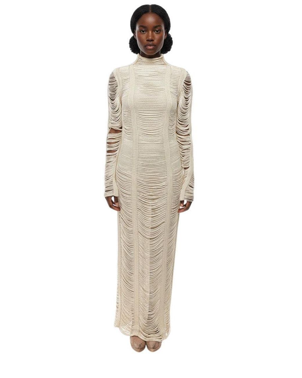 Balmain Natural Textured Mock Collar Maxi Dress