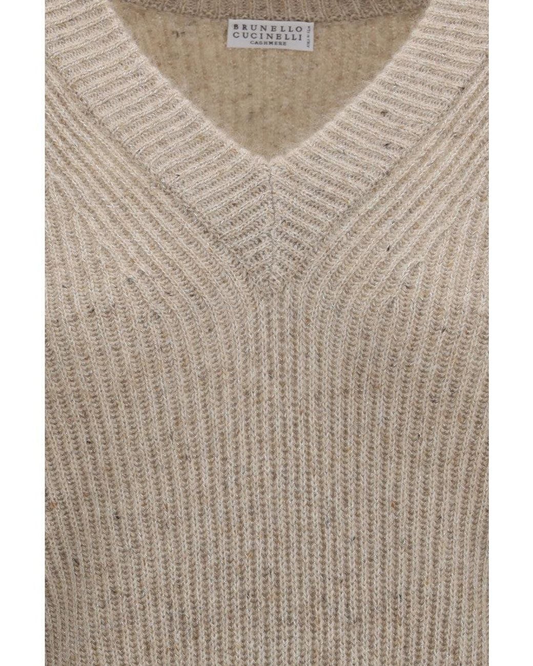 Brunello Cucinelli Natural Knitted V Neck Sweater