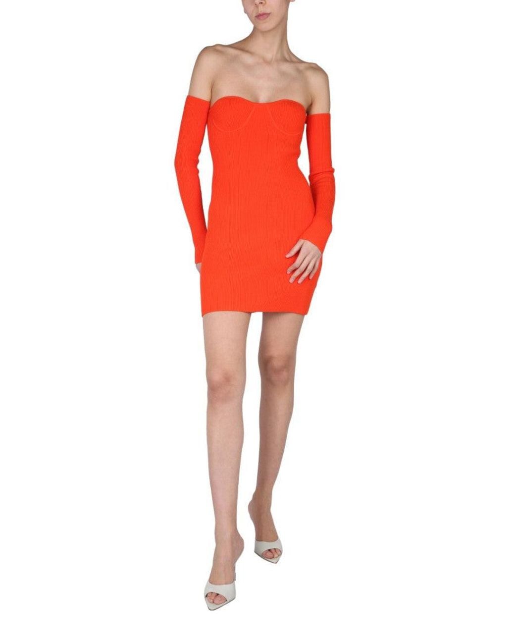 Helmut Lang Red Ribbed Off Shoulder Mini Dress