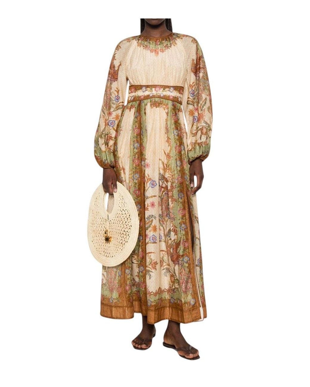 Zimmermann Natural Floral Round Neck Midi Dress