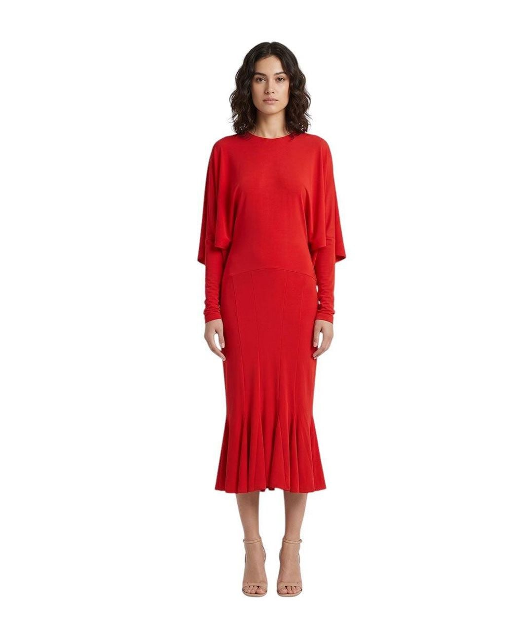 Jacquemus Red Solid Round Neck Midi Dress