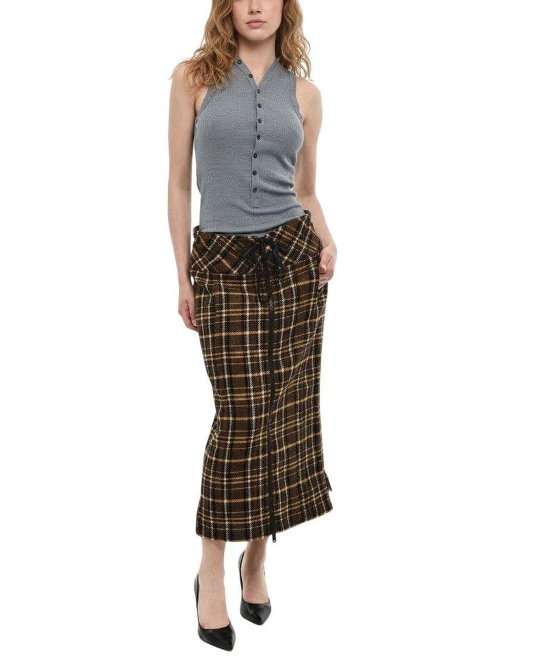 DSquared² Brown Plaid Midi Skirt