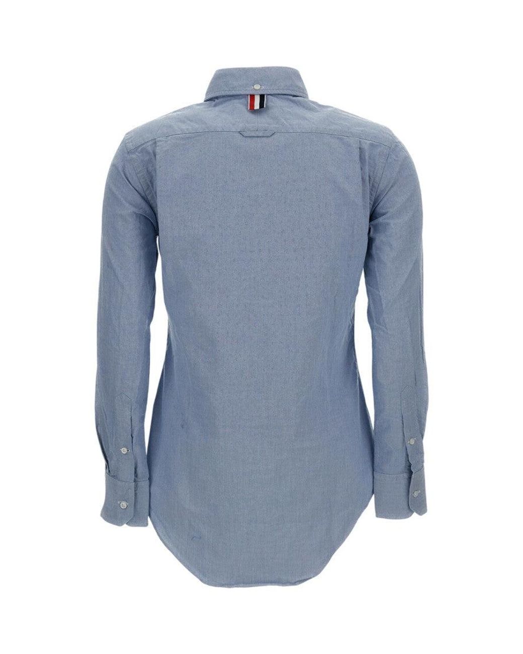 Thom Browne Blue Oxford Fabric Long-Sleeved Shirt With Button-Down Collar