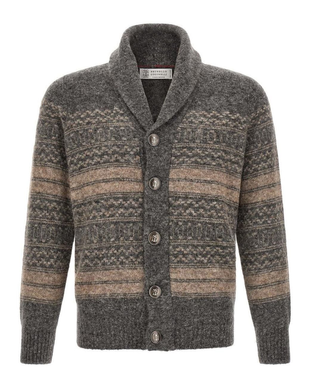 Brunello Cucinelli Gray Nordic Jacquard Cardigan for men