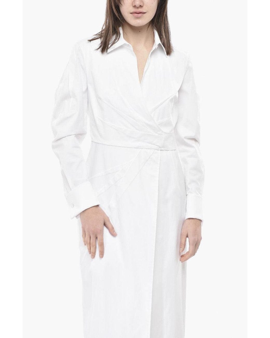 Max Mara White Solid Shirt Collar Midi Dress