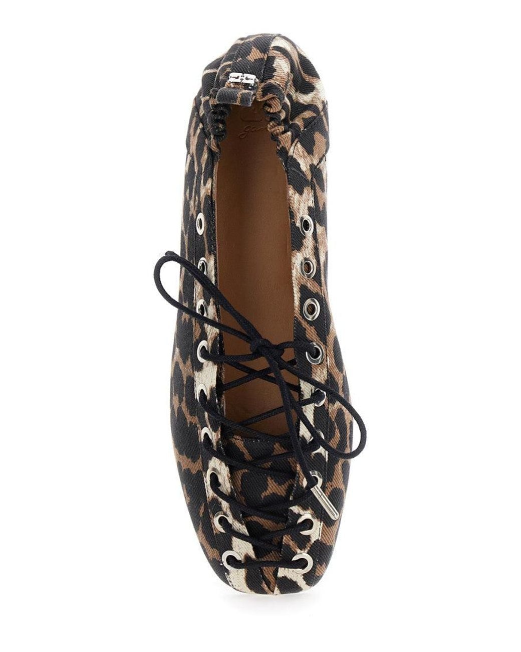 Ganni Black Leopard Print Lace-Up Ballet Flats