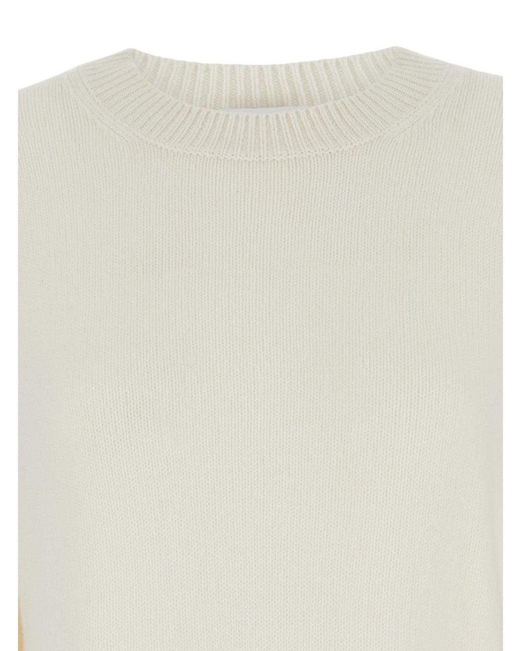 Allude White Solid Round Neck Sweater