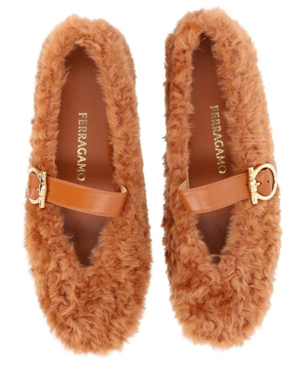 Ferragamo Brown Ballerina Love Ornament Shearling Shoe