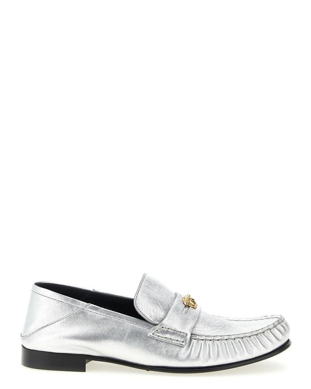 Versace White La Medusa Metal-Embellished Laminated Nappa Loafer