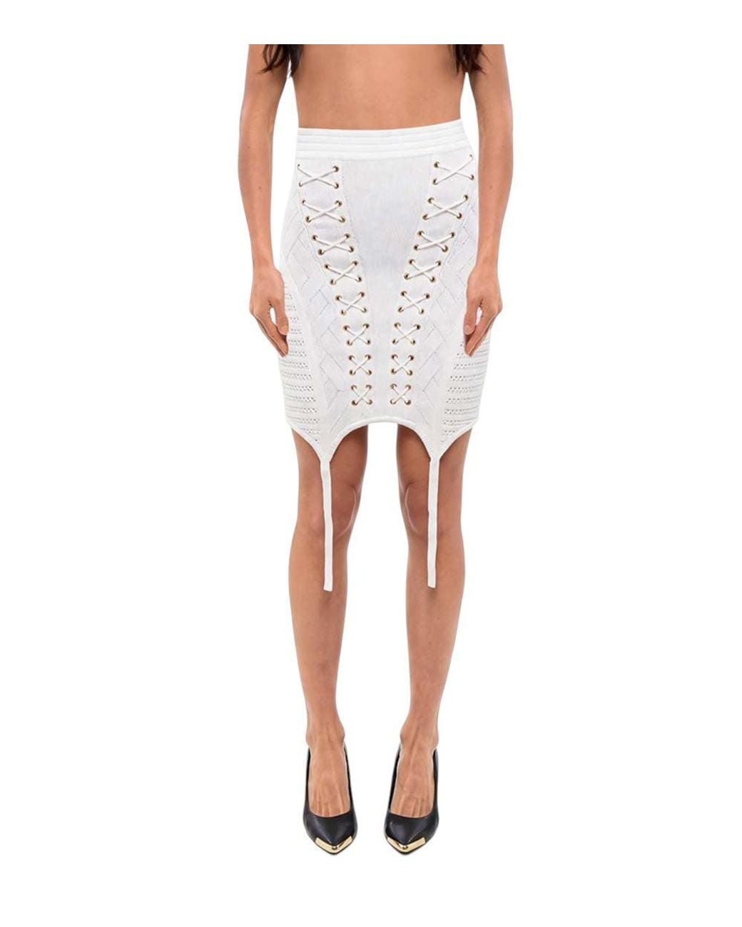 Balmain White Knitted Above Knee Skirt