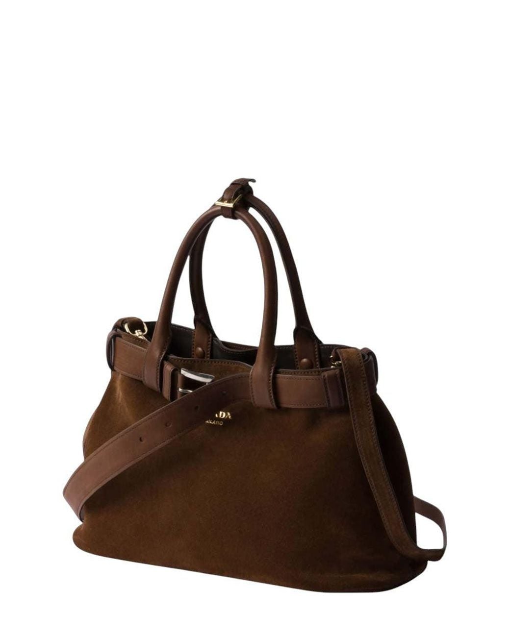 Prada Brown Buckle Belt Suede Medium Satchel Bag
