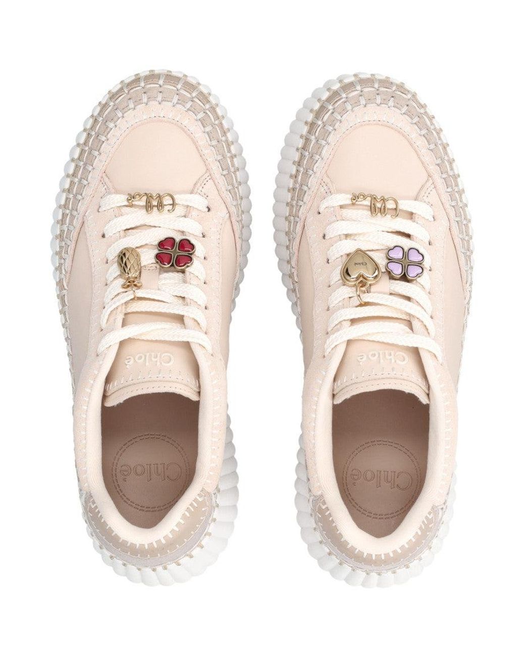 Chloé White Nama Wedge Platform Sneakers With Clover, Pineapple & Logo Charms