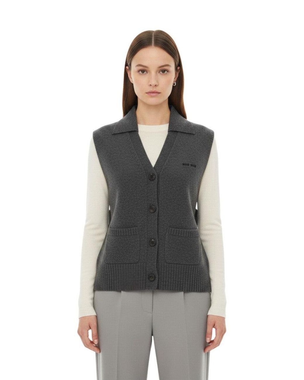 Miu Miu Gray Knitted V Neck Sweater